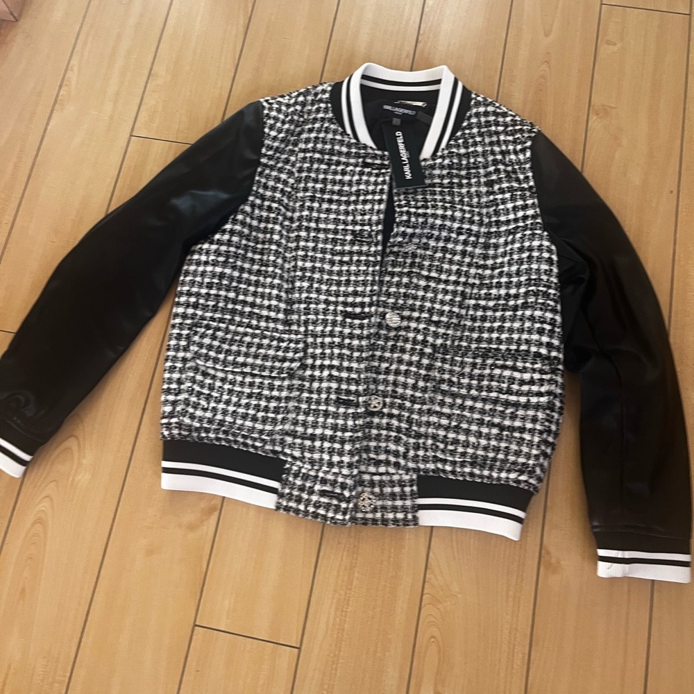 New Karl Lagerfeld Monochrome Tweed Bomber Jacket. Size XS